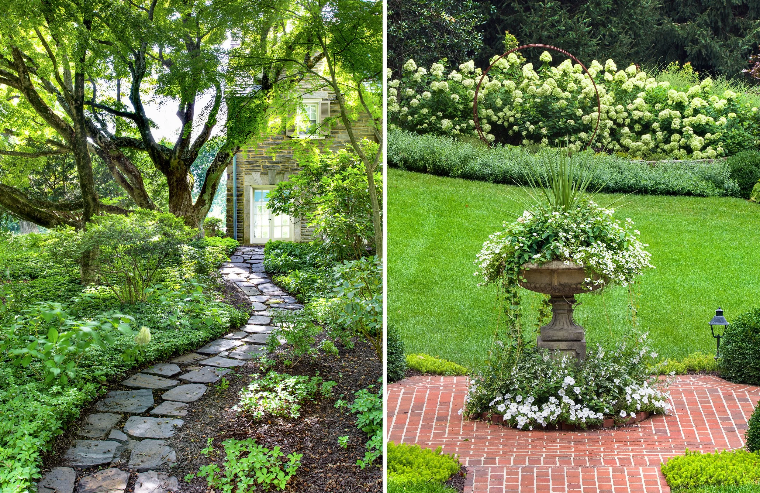 Comparison of landscaped gardens with natural versus formal design styles. The left side shows a natural, lush garden with a stone path, large trees, and dense greenery. The right side presents a formal garden with a brick pathway, trimmed shrubs, a 