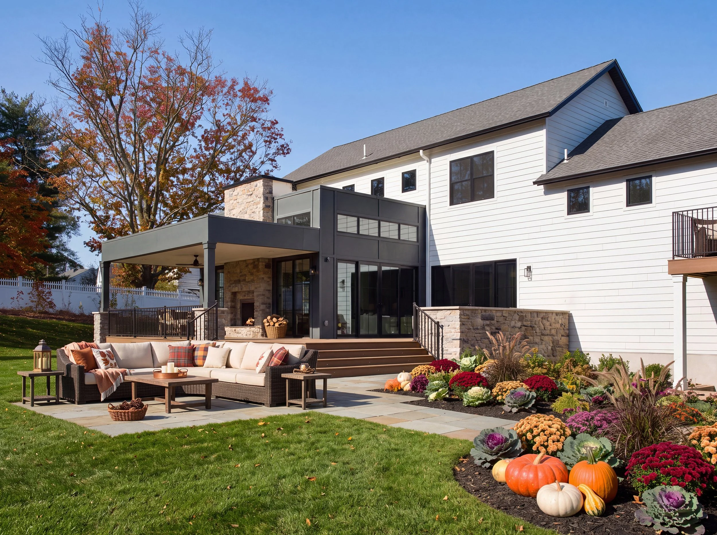 Modern white house with stone accents, outdoor fireplace, patio seating, and colorful fall garden with pumpkins