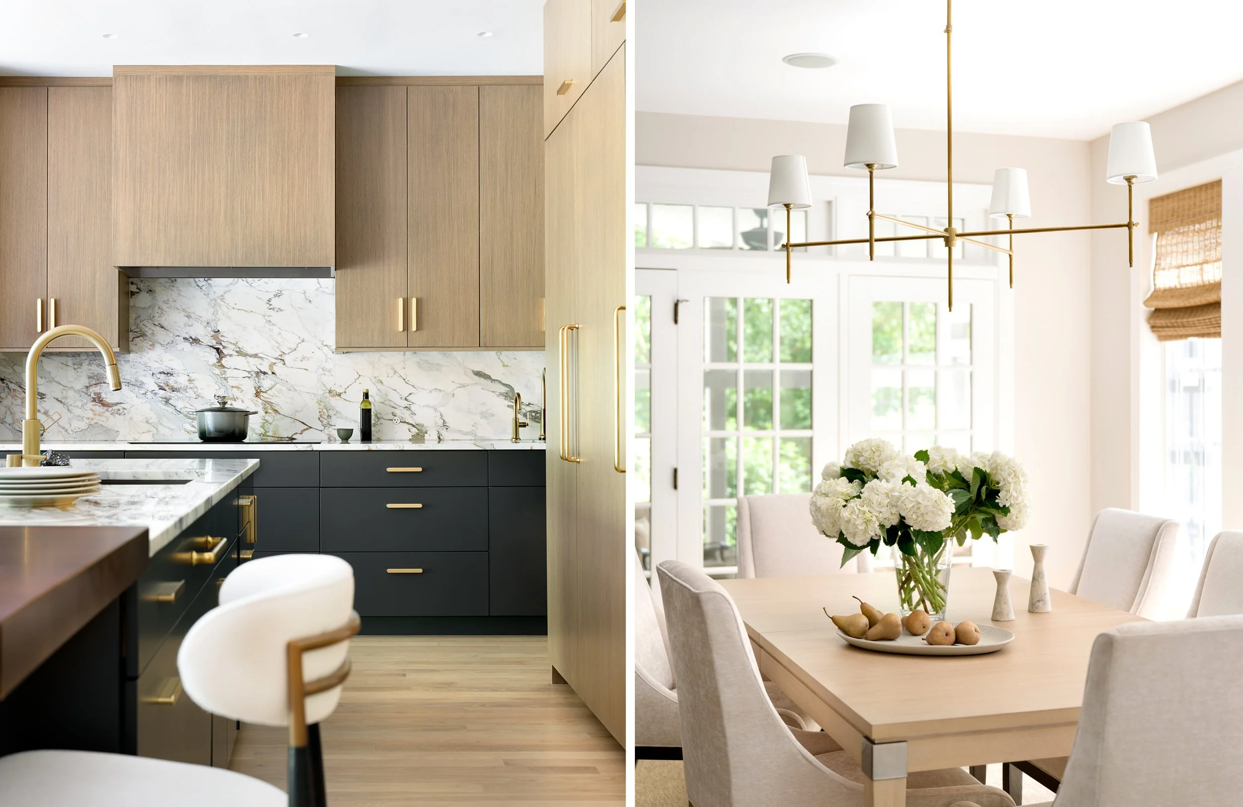Split image showing a modern kitchen on the left with wood cabinets, marble backsplash, and gold hardware, and a bright dining room on the right with a wooden table, upholstered chairs, a chandelier, and a bouquet of white flowers.