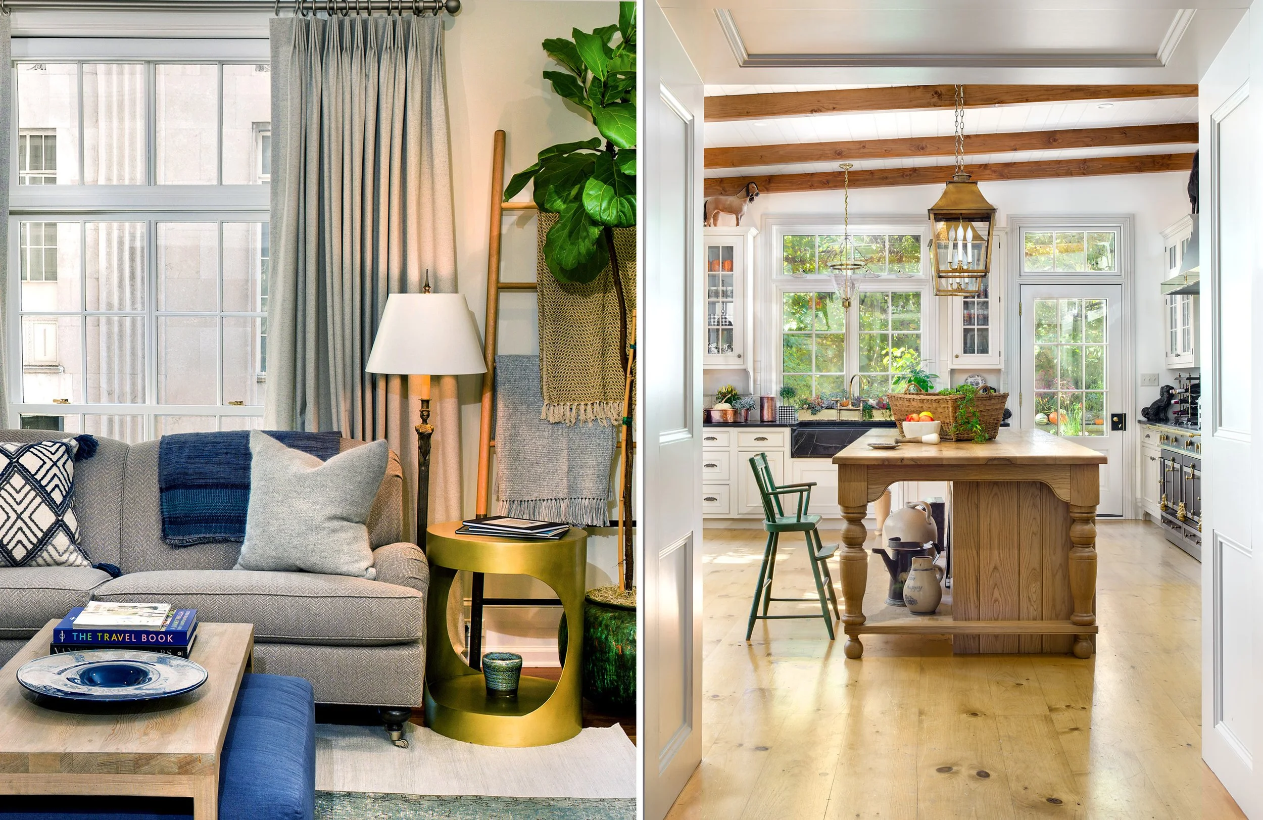 Split image showing a living room on the left with a gray sofa, pillows, a small green side table, large window with curtains, and plants; and a kitchen on the right with wooden beams on the ceiling, large windows, kitchen cabinets, a wooden dining t