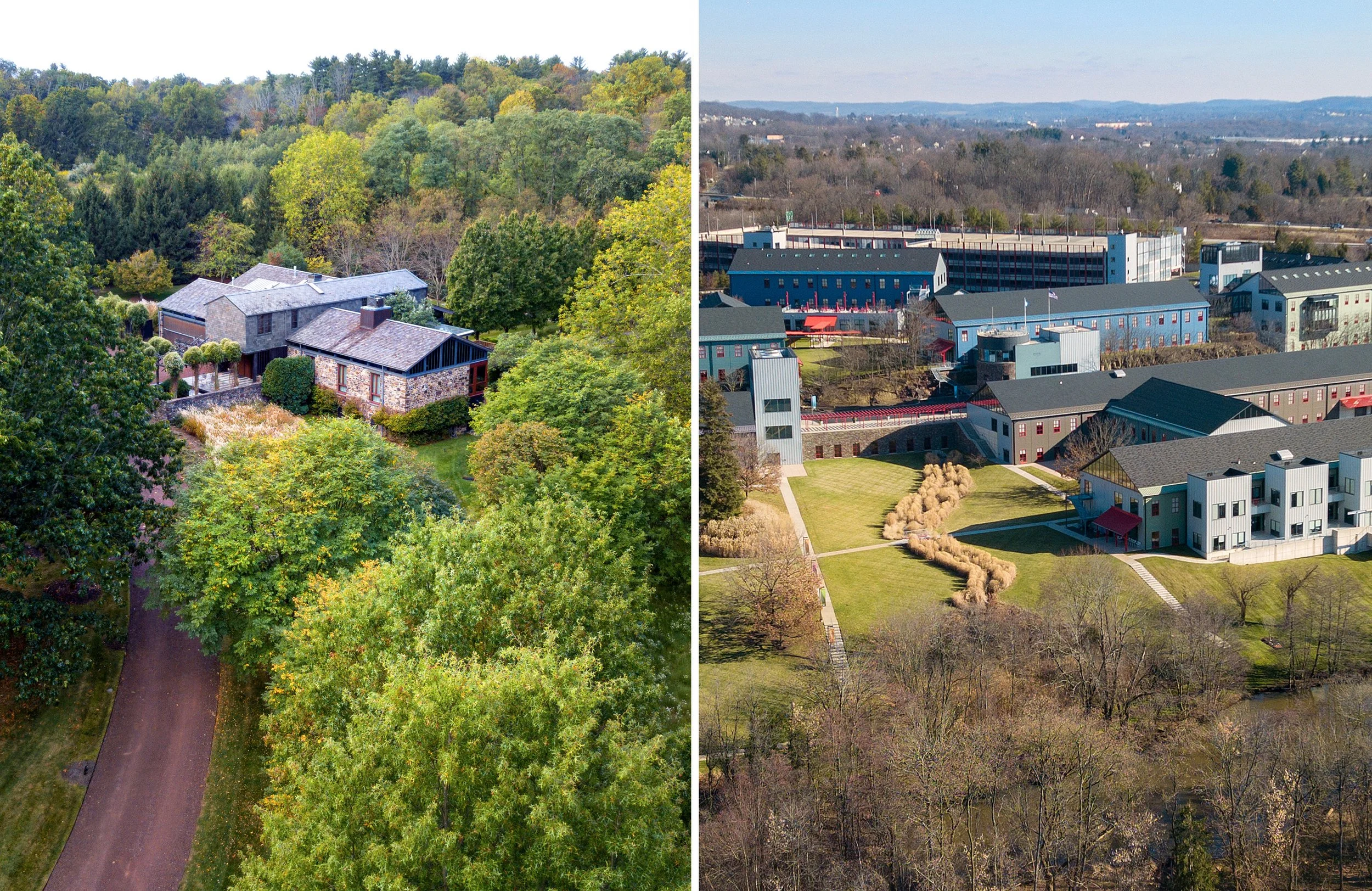 Comparison of two aerial views of different locations: the left side shows a house surrounded by dense green trees and a dirt path, while the right side depicts a modern, multi-story building complex with landscaped lawns and nearby infrastructure.