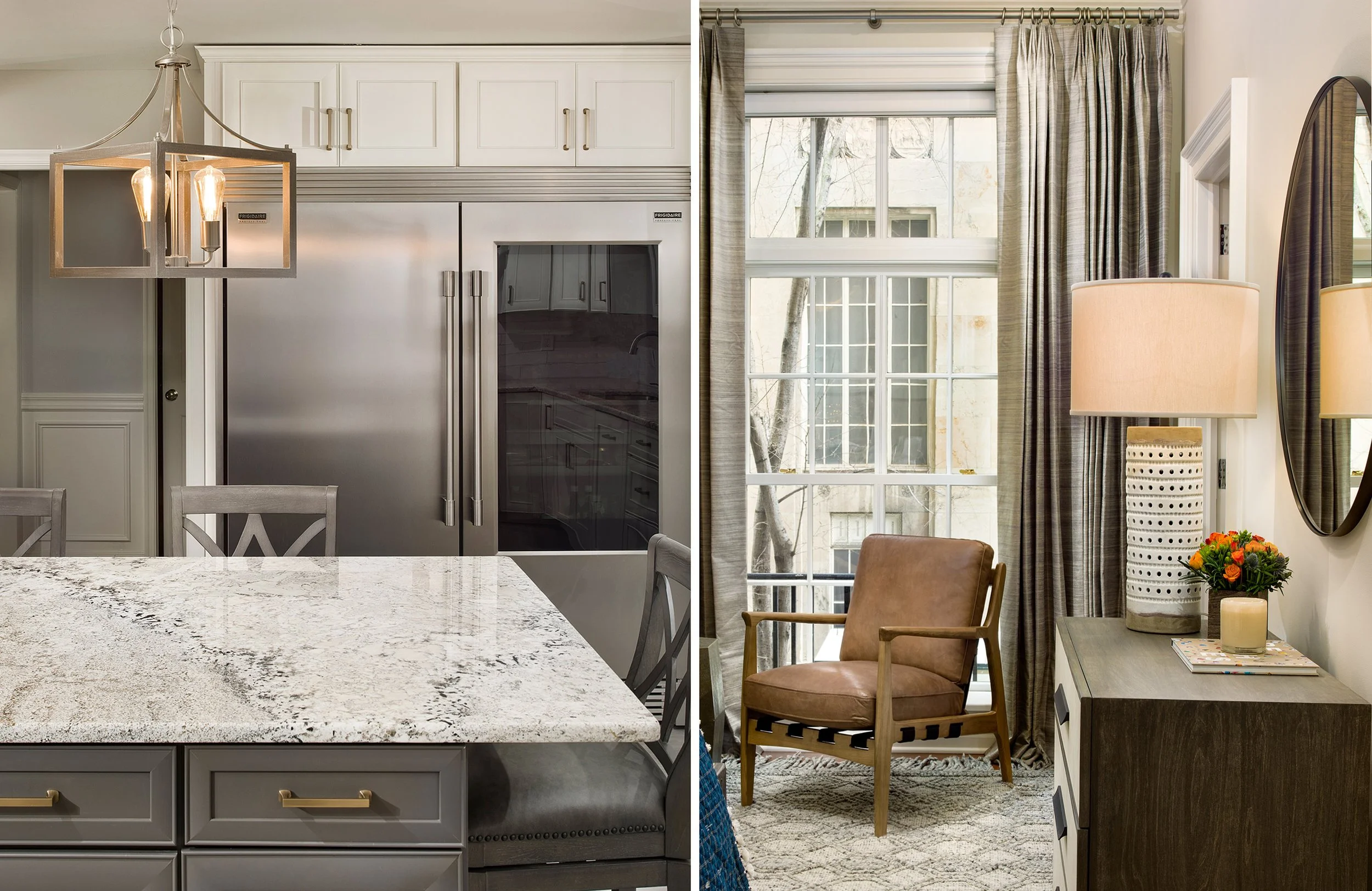 Side-by-side photos of two different room interiors: the left photo shows a kitchen with white cabinetry, a kitchen island with a marble countertop, and a modern chandelier with Edison bulbs. The right photo depicts a living space with large windows,