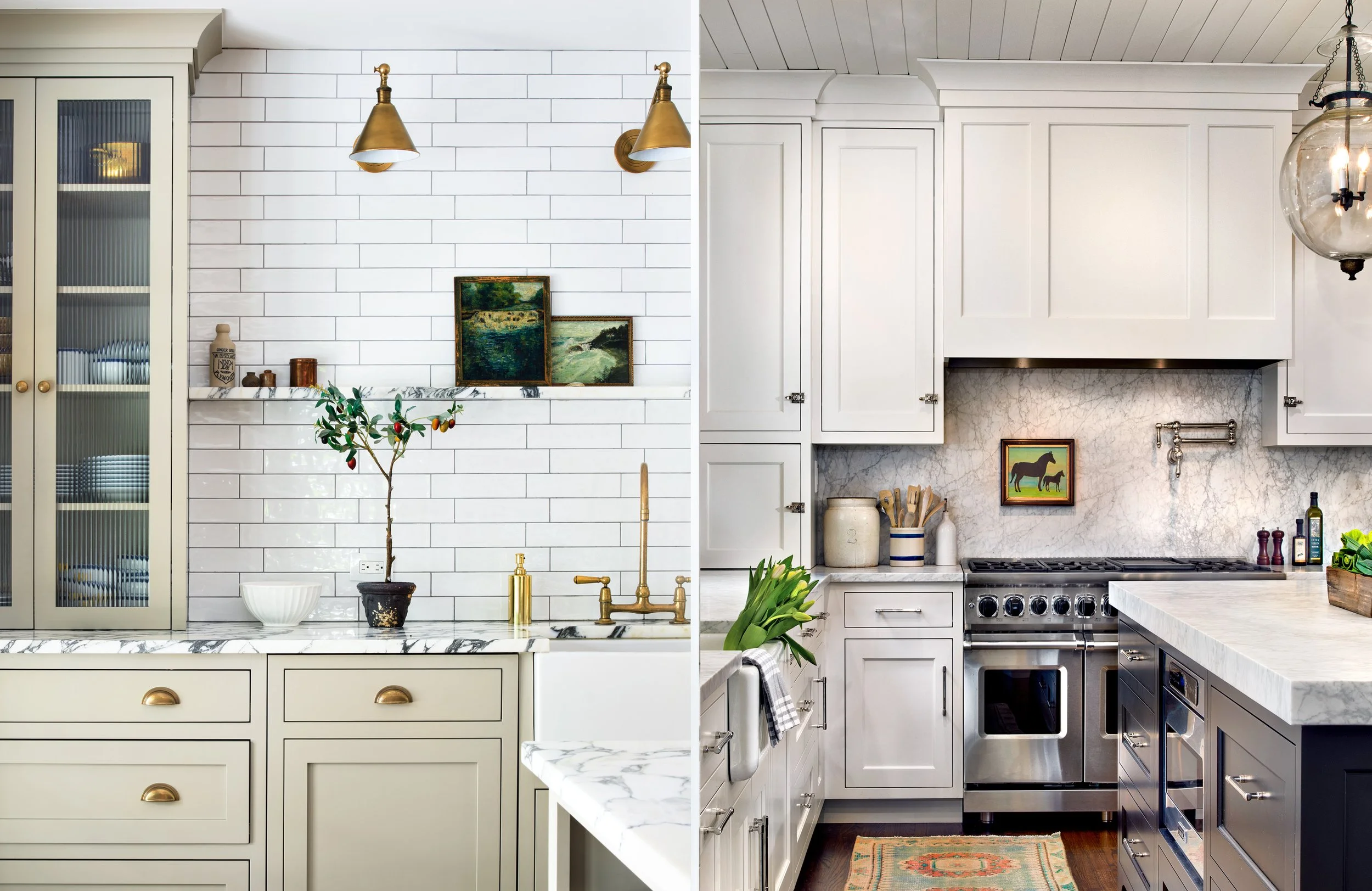 Split image showing two kitchens with white cabinetry and marble countertops. The left kitchen features brass fixtures, a white shiplap wall, and artwork of a landscape. The right kitchen has a marble backsplash, stainless steel appliances, and a gla
