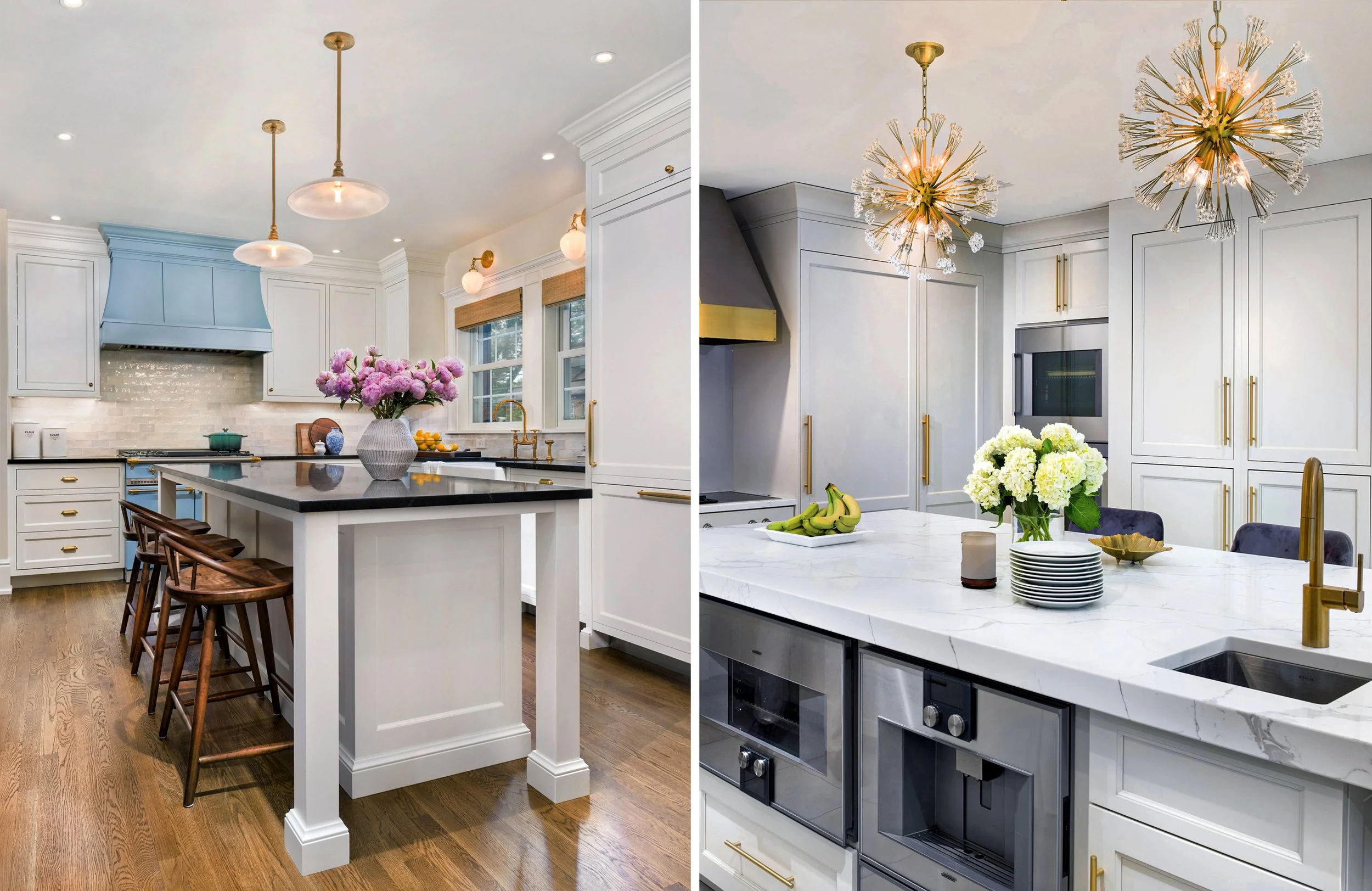 Side-by-side comparison of two modern kitchens with white cabinetry, gold accents, and marble countertops; the left has a blue range hood and a wooden island, while the right has a white and gold chandelier and a white marble island.