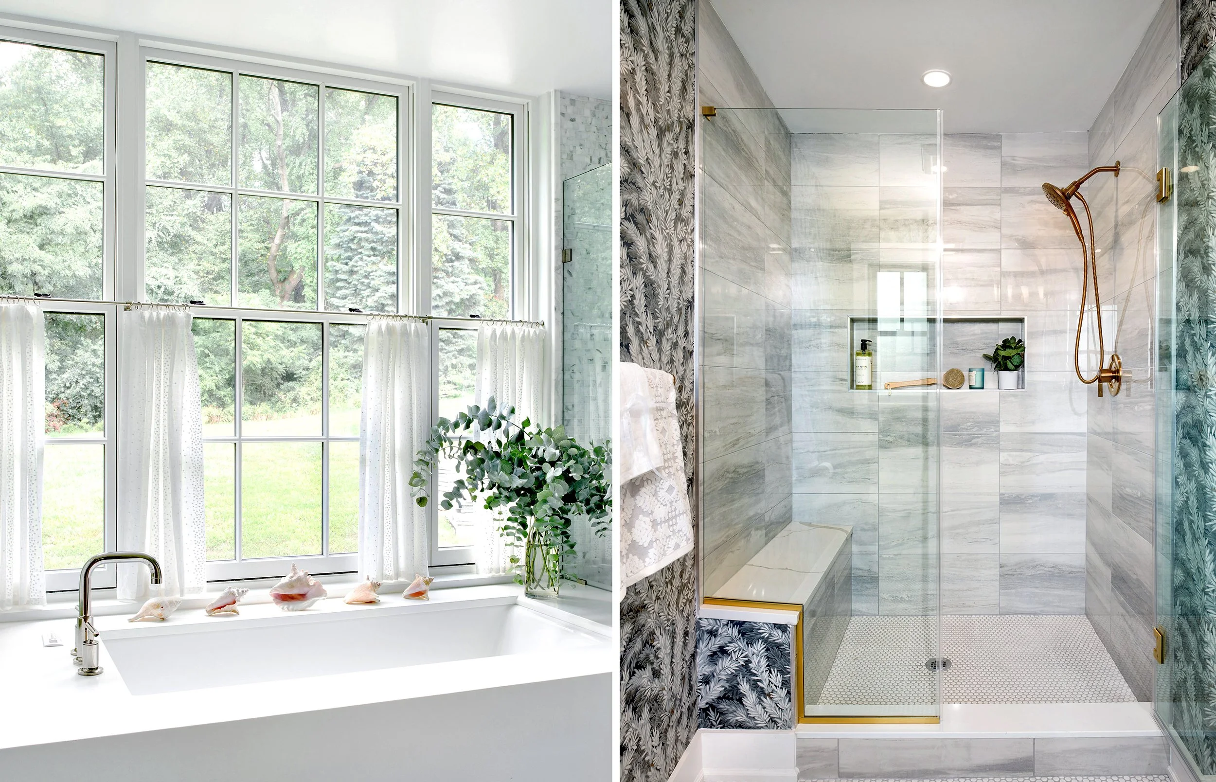 Split view of a bright bathroom with a large window and a bathtub on the left, and a modern walk-in shower with a glass door and tiled walls on the right.