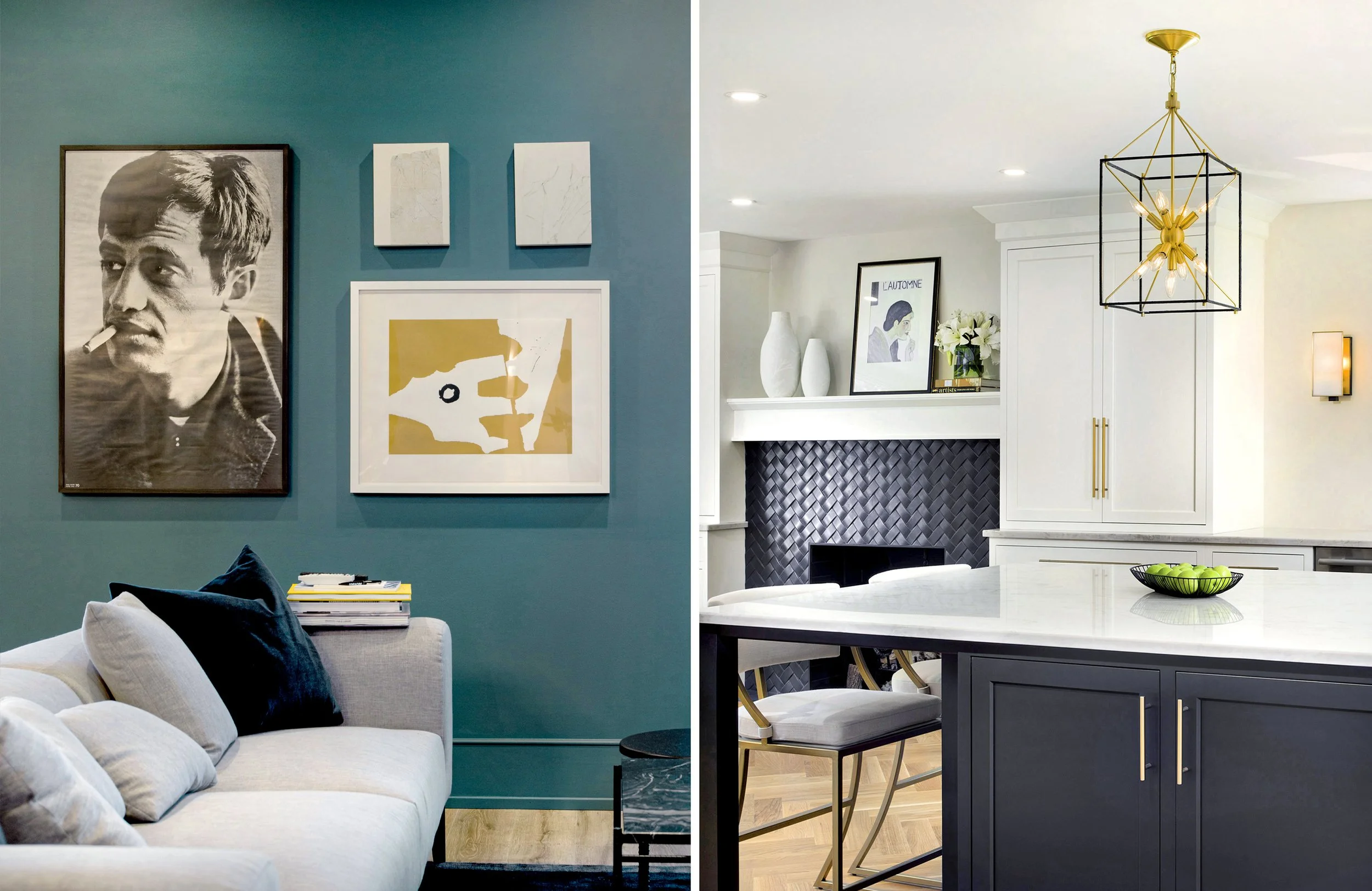 Split view of two interior spaces: on the left, a living room with a beige sofa, black cushions, and abstract artwork on a teal wall; on the right, a modern kitchen with white cabinets, a black textured fireplace, decorative vases, a framed art print