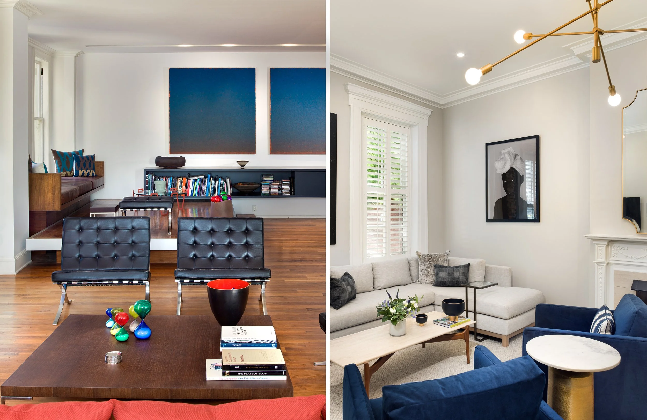 Side-by-side comparison of two living rooms: the left has a dark wood dining table with colorful glass vases, a built-in bookshelf, and a seating nook with pillows. The right has a light gray wall with white crown molding, a modern gold and white cha