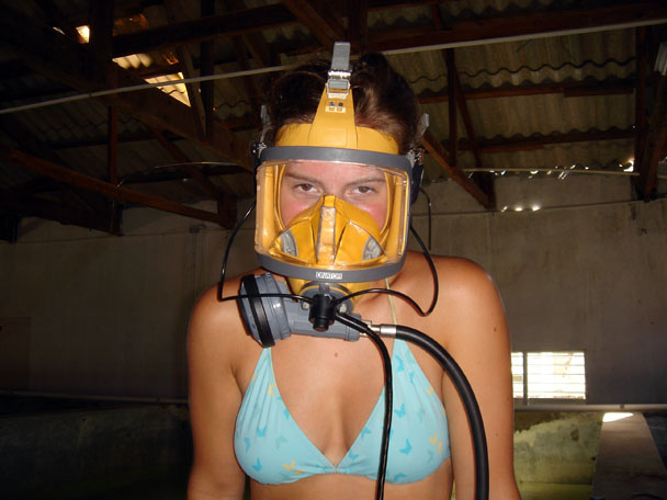  Maritime archaeologist Valentine learning how to use the AGA full face mask and the OTS underwater communication equipment 