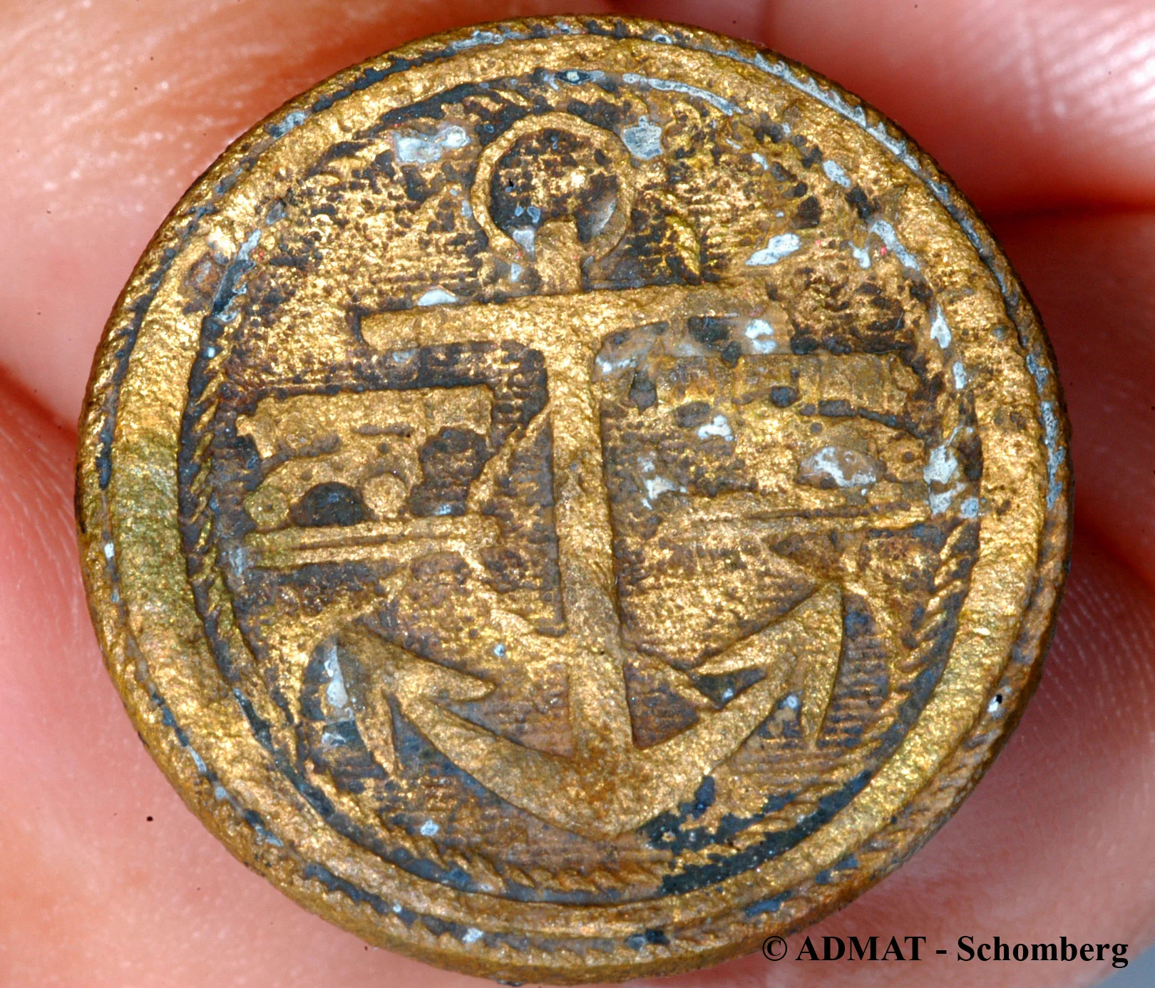 One of two gilt covered copper alloy English gunnery officers buttons found in the hold of the wreck