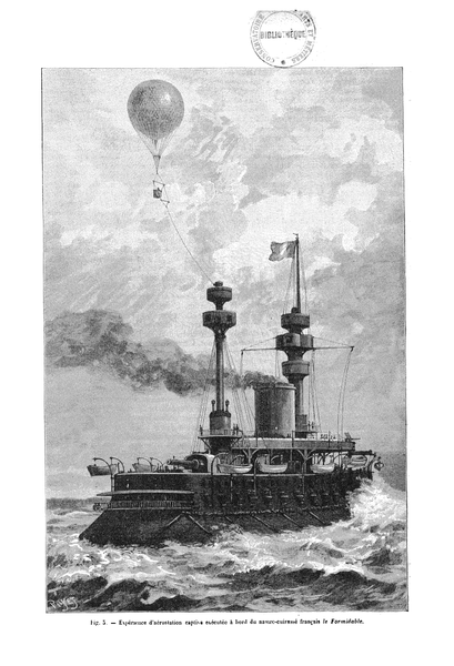  Engraving of the French battleship   Admiral Baudin   with a recon balloon 
