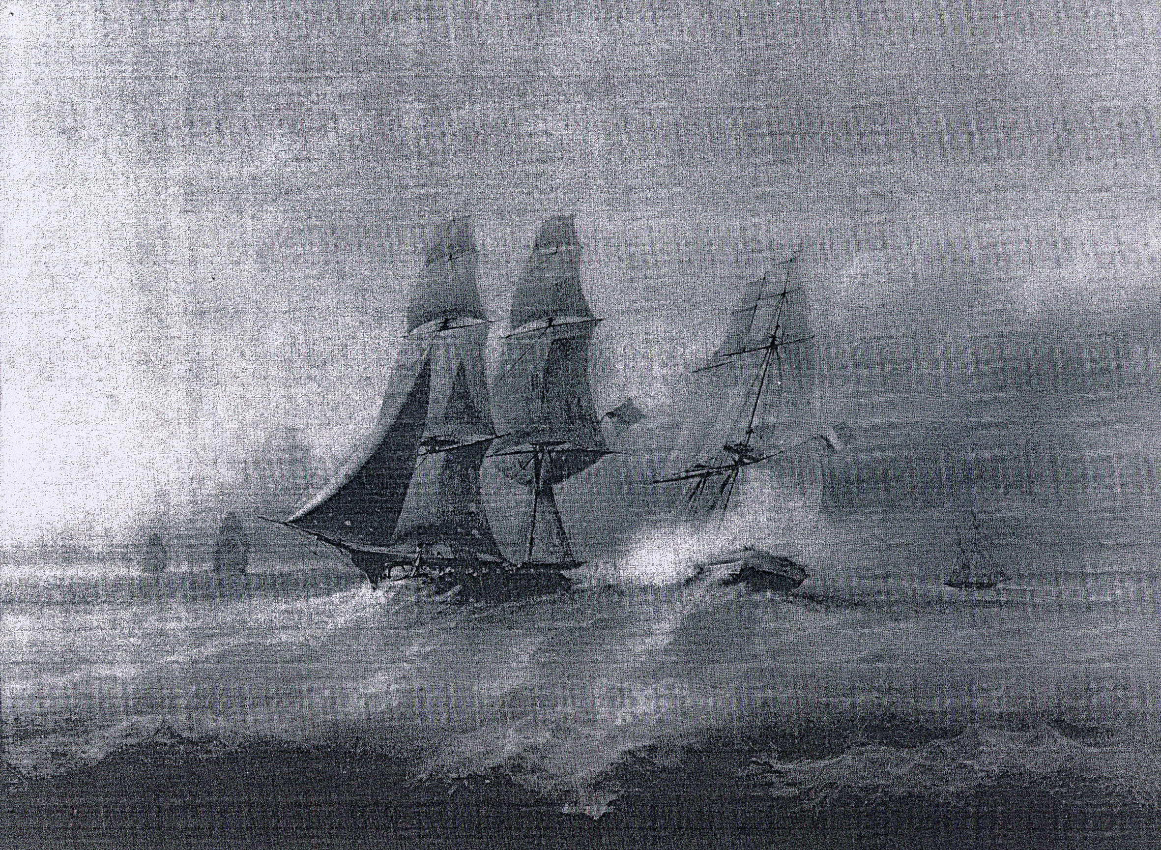  A photograph of the painting of the battle between the French Brig   Renard   and the English Brig   HMS Swallow   in 1812 