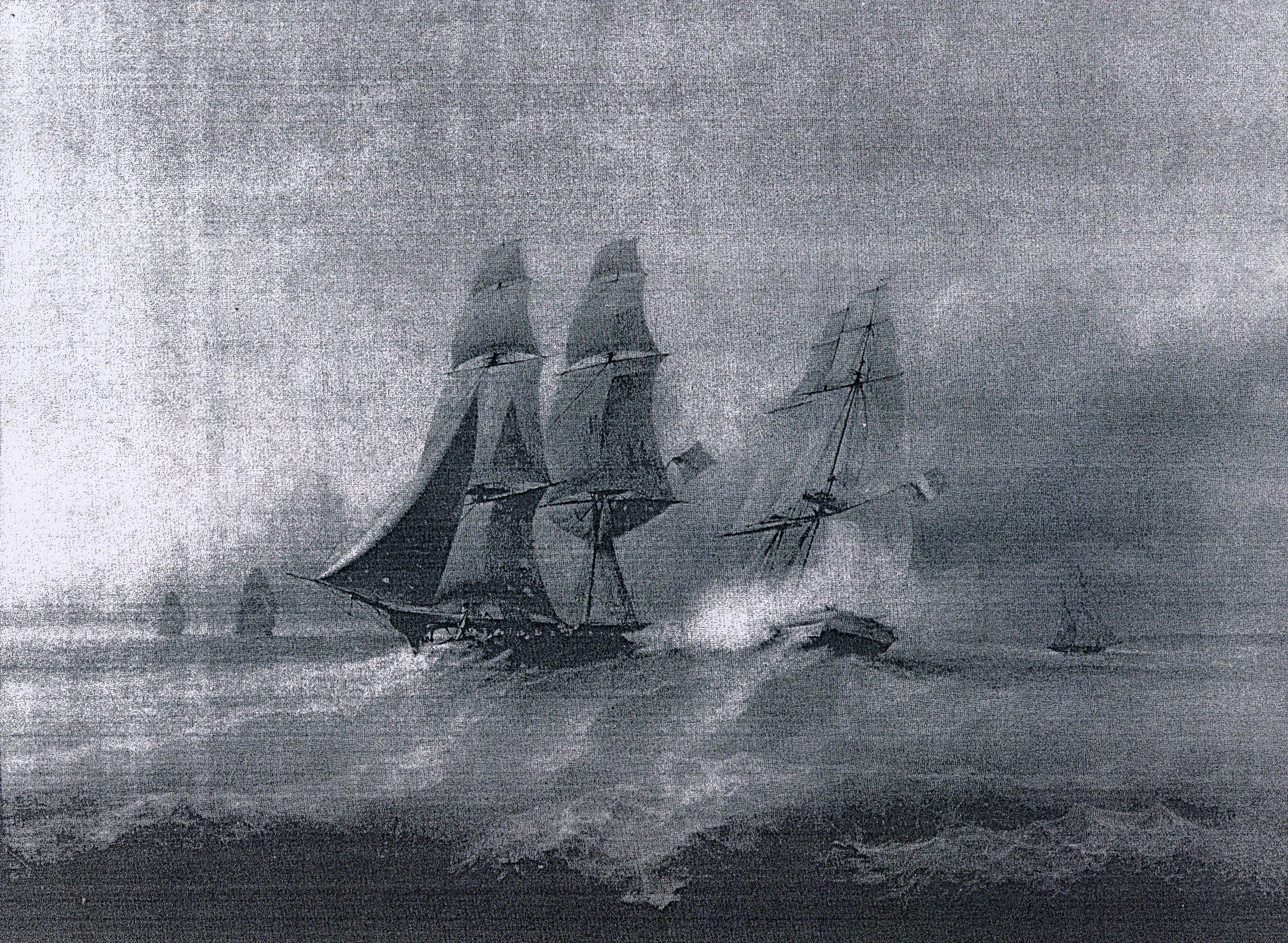 A photograph of the painting of the battle between the French Brig Renard and the English Brig HMS Swallow in 1812