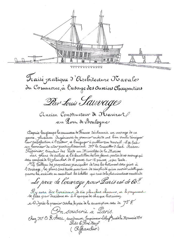 The front page of the investigation by Louis Sauvage, outlining the defects of the construction of the Le Casimir classships. The sketch shows what Le Casimir looked like while being built