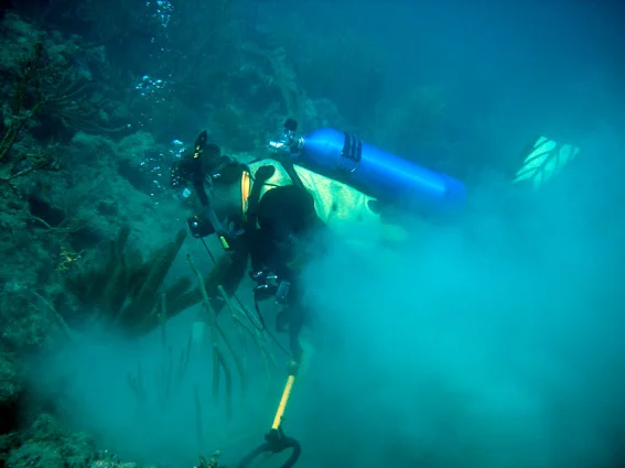 Dr Spooner hand fanning at the base of the reef to see what the Aquapulse metal detector has located