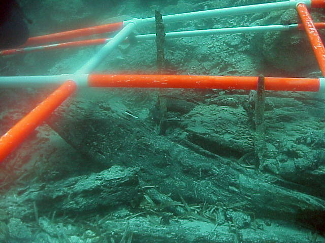  A section of the keel with a diagonal scarff joint and bent bronze keel bolts. the bolts were bent about 45 degrees by the force of the wrecking process. 