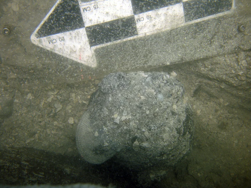 The first grenade found next to the three pieces to timber. This was the only grenade found in this sector. The remainder of the 20 or so grenades were found 22 meters to the north on hull planking