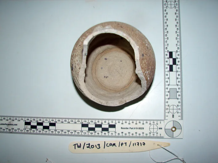 A French salt glazed stoneware bottle with broken top
