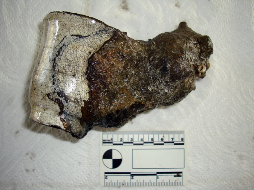 Some of the concretion has been carefully removed from the French faienceware beaker, leaving a "tide mark"