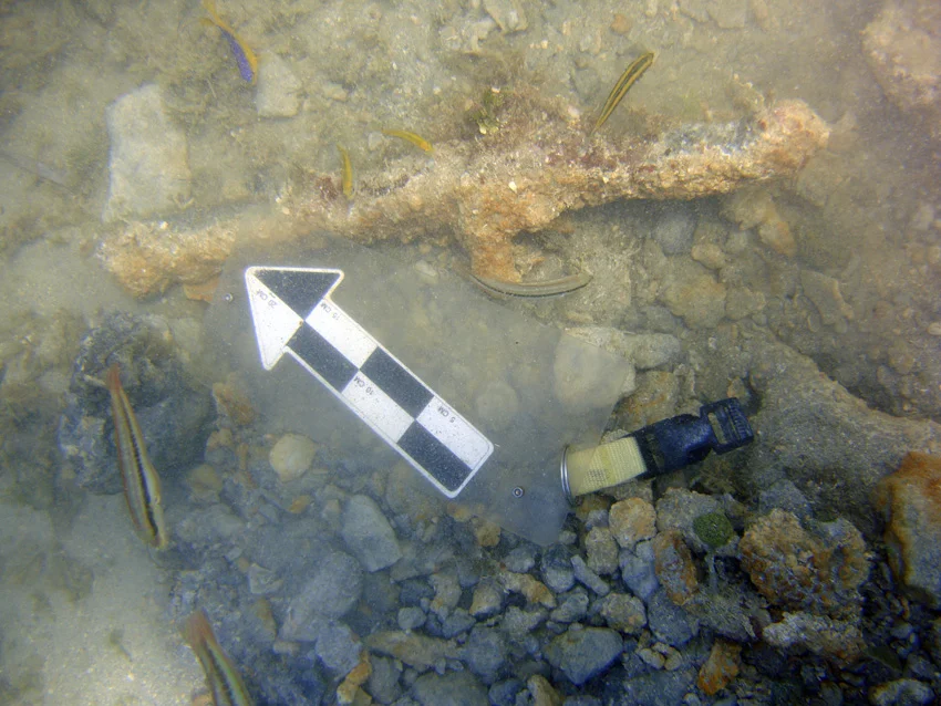 Possible iron keel bolt, one of a series found in the shallows
