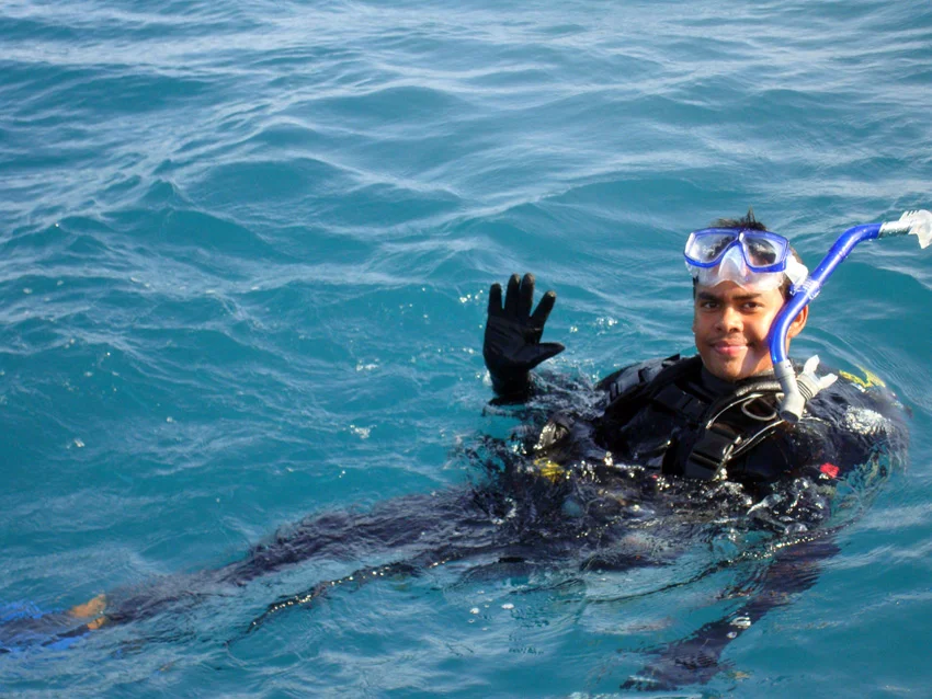 Jonathan Cho Fook Lun, from Barbados, surfacing from a dive
