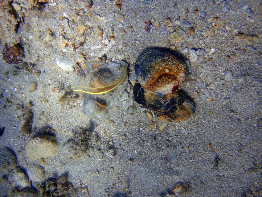 Round ballast stones with staining from an iron object