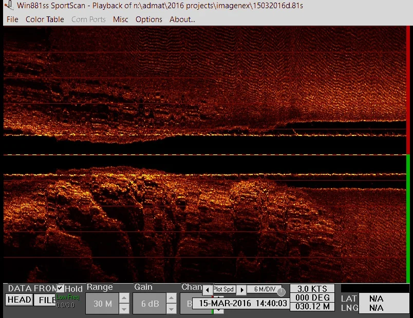Showing the immage as the sensor goes over a patchreef on the left and sand dunes on the seabed on the right