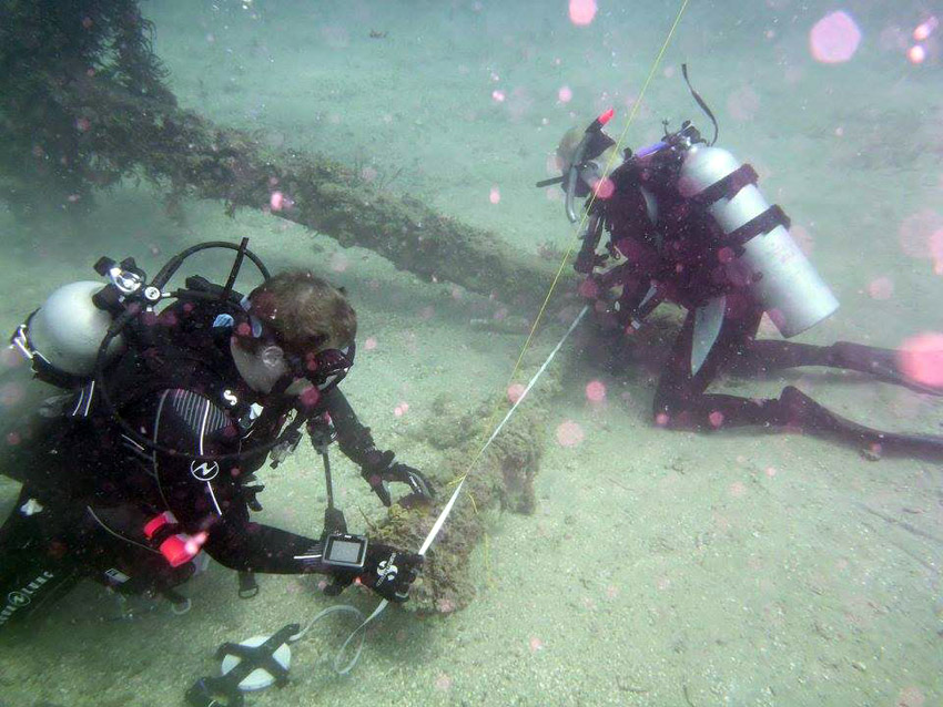  Stephen measuring the large anchor on   Wreck Two   site in 2016 