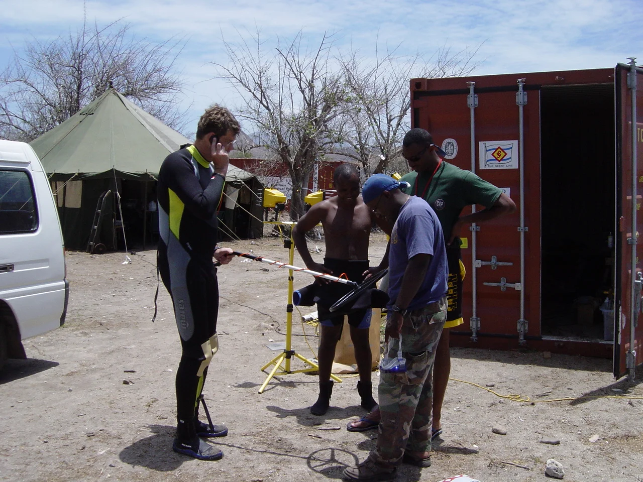 Simon teaching the Coastguard dive team how to use the Aquascan underwater metal detectors and on the phone at the same time