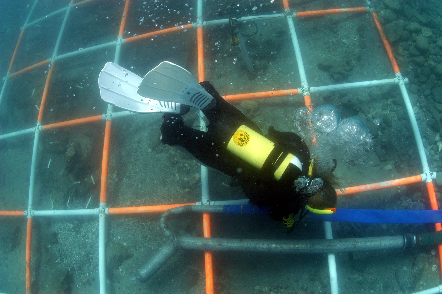 Ast. Excavation Director Christine Nielsen dives down to work on the dredge