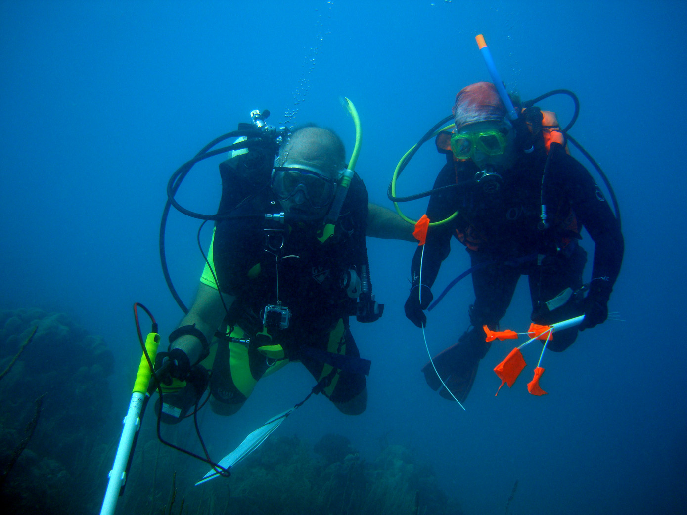 Project leader Raimund Krob with maritime archaeologist Nikki Bose conducting geophysical survey on Le Casimir wreck site in 2013
