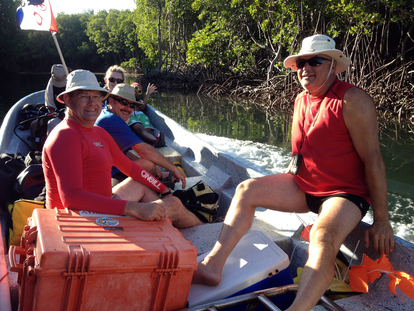  Dr Spooner, Christine O' Sullivan (under the hat),&nbsp; Nikki Bose, John Downing, Ruth Pion, and Raimund Krob on the way to   Le Casimir   wreck site in 2014  