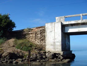 The bridge we have to go under each day to get to the survey areas. Note the sandbags