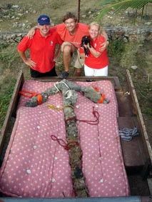 Patrick Enlow, Dr Simon Spooner, Puppy IZI and Christine Nielsen with the Columbus period anchor found by ADMAT in 15 mins in front of Columbus’s House at Las Isabella
