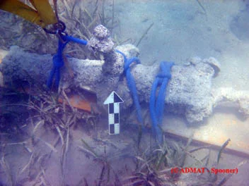 The swivel cannon was lashed to a support board an then raised and towed to the shallows