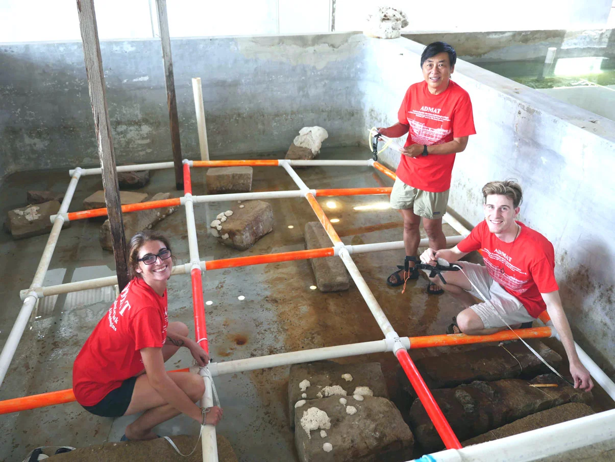 Some of the Team working on measuring the granite blocks from The Tile Wreck prior to flooding the tanks and doing it underwater