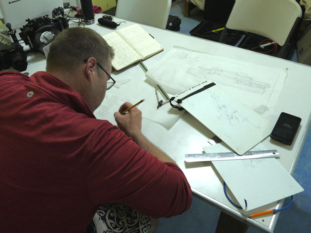 Steve Abell working on his scale drawings of the hull planking.