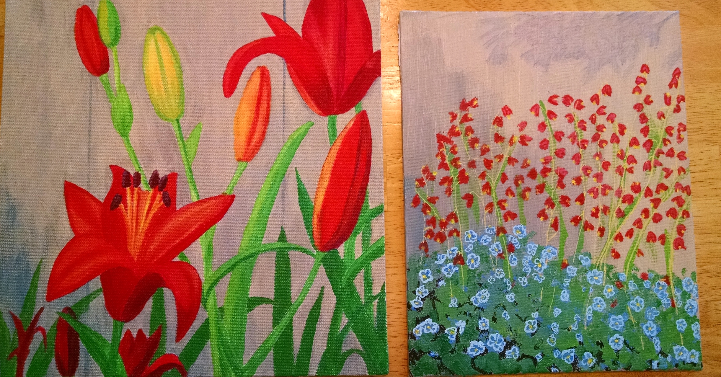  Red Lilies (on canvas) and Coral Bells (on art board). Gifted to my brother Joseph and sister Jo Ann, respectively. 