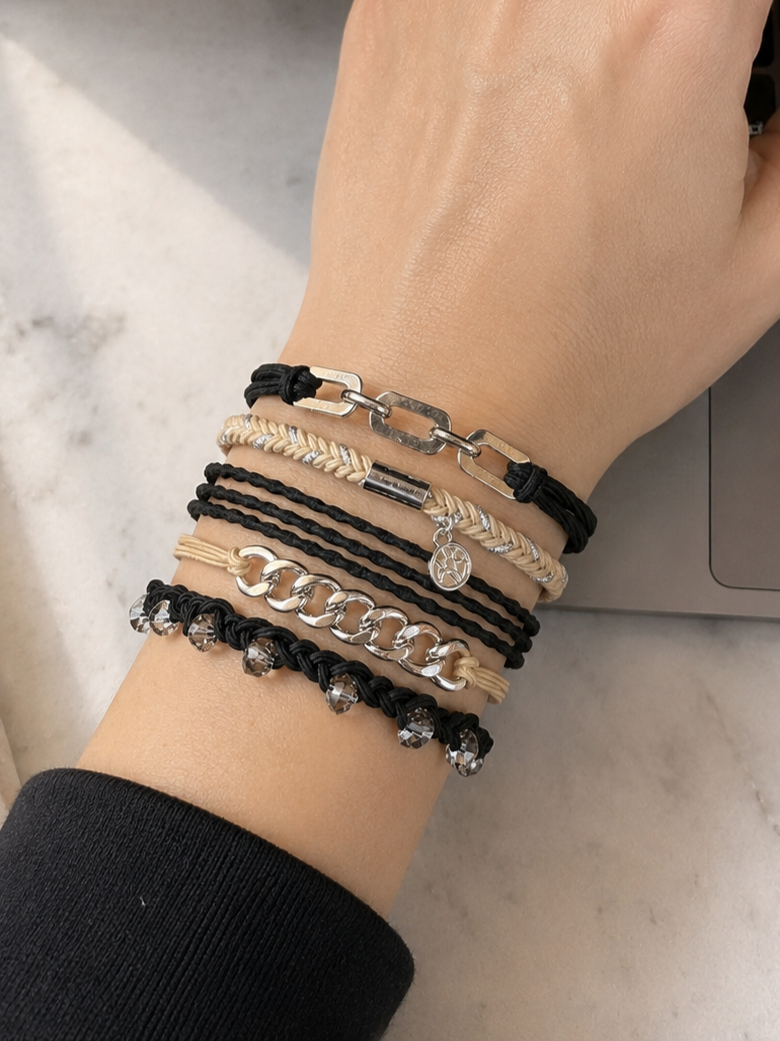 Lot de 5 élastiques à cheveux / Bracelets – Noir, beige et argent