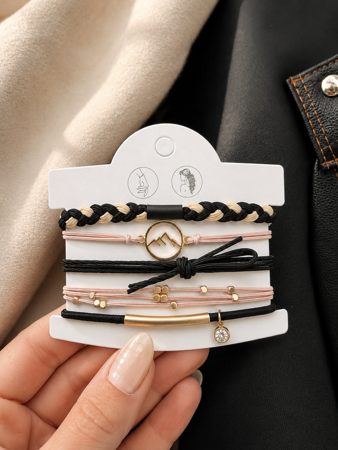 Lot de 5 élastiques à cheveux et bracelets 2-en-1 noir, rose poudré et doré avec pendentif montagne et cristal décoratif - Tokade