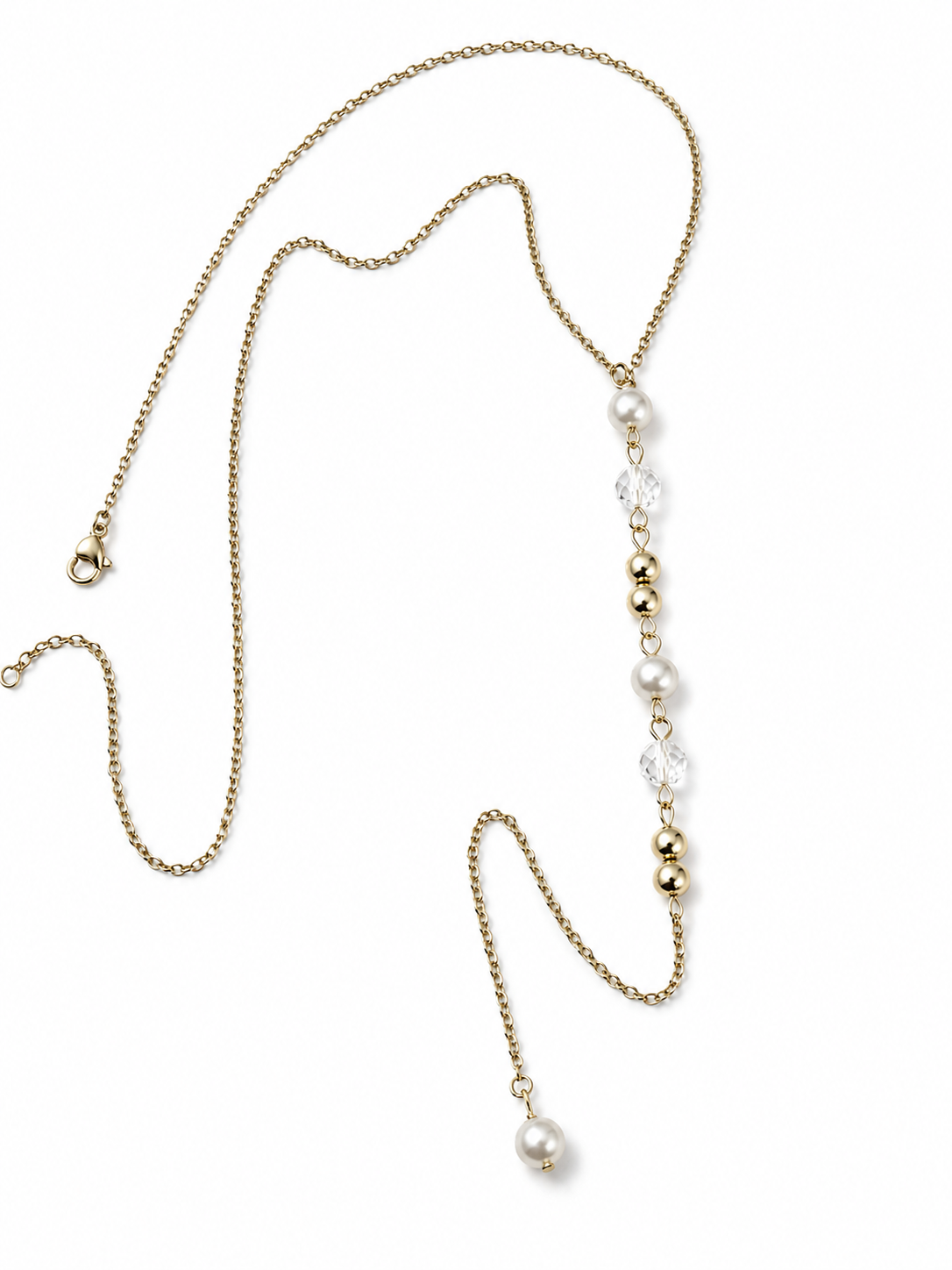 Collier Samantha long doré en acier inoxydable avec perles blanches et transparentes sur fond blanc