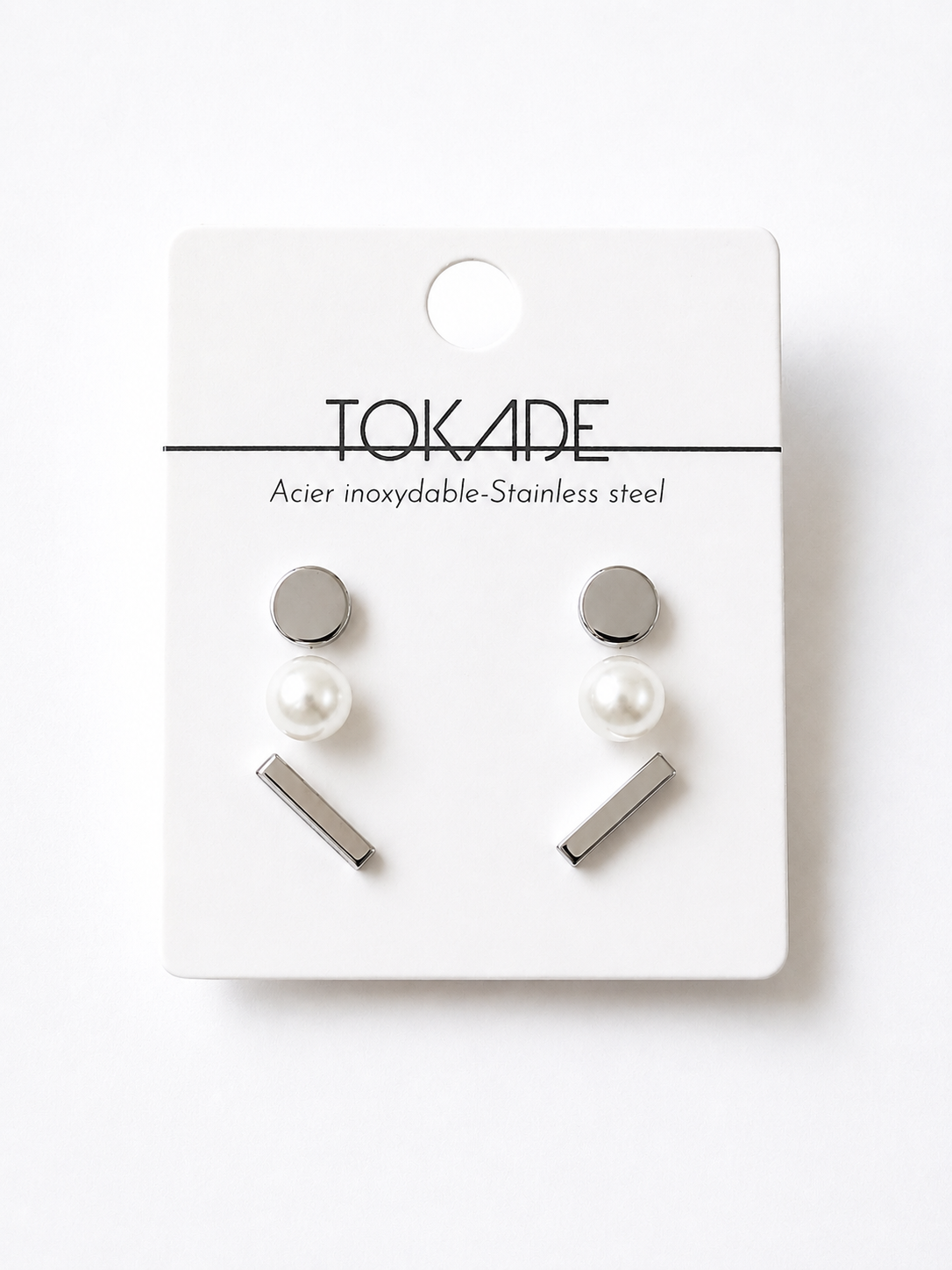Trio Jeanne de trois paires de boucles d’oreilles argentées en acier inoxydable avec perles, boutons ronds et barres