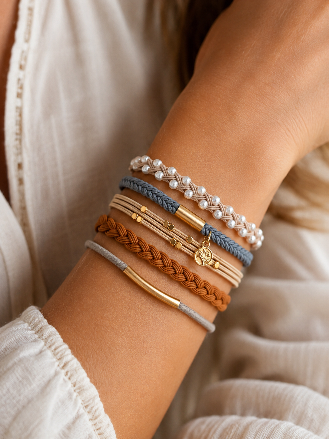 Lot de 5 élastiques à cheveux - Bracelets – Bleu, brique et perles