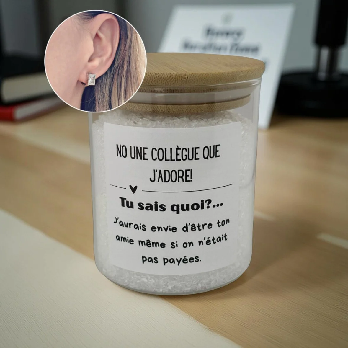 Pot de sels de bain Tokade avec message humoristique pour collègue et bijou surprise à l’intérieur