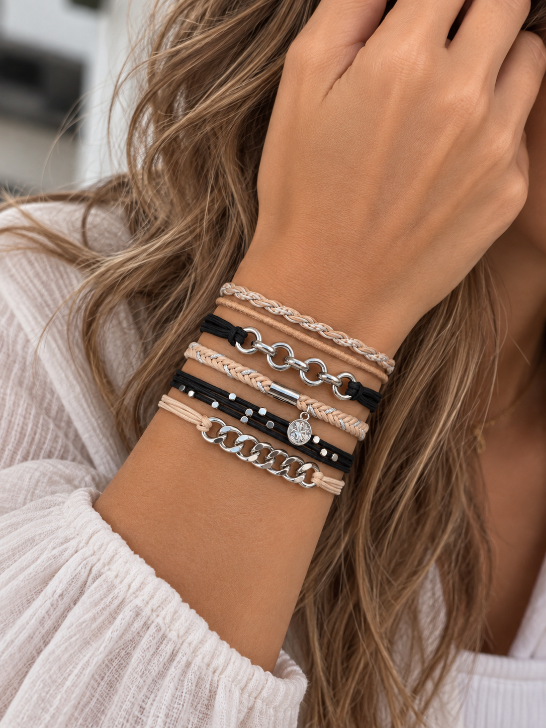 Lot de 5 élastiques à cheveux - Bracelets – beige, noir et argenté