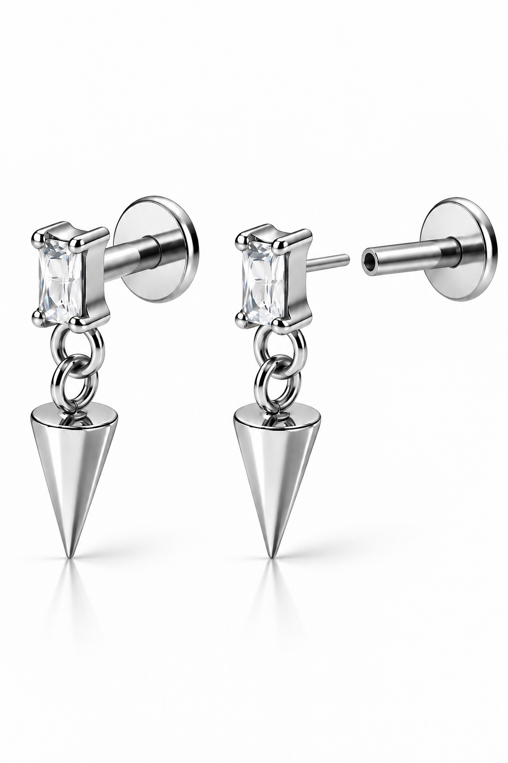 Boucles de piercing Dori argentées à insertion arrière avec pierre brillante et pointe