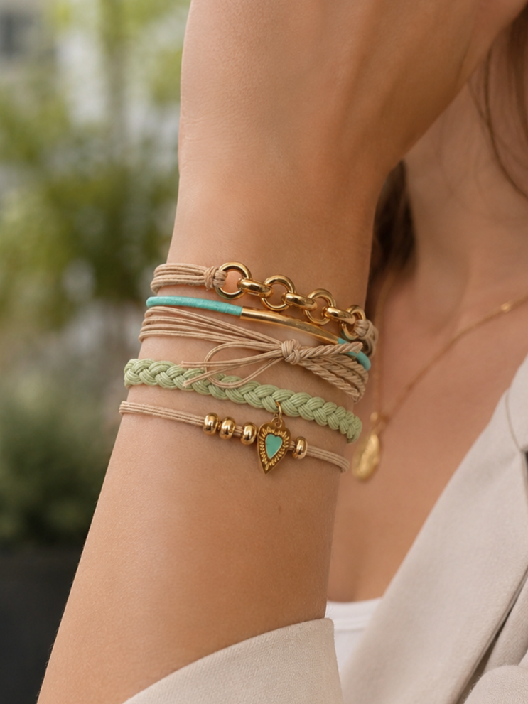 Lot de 5 élastiques à cheveux / Bracelets – Beige, vert sauge et turquoise