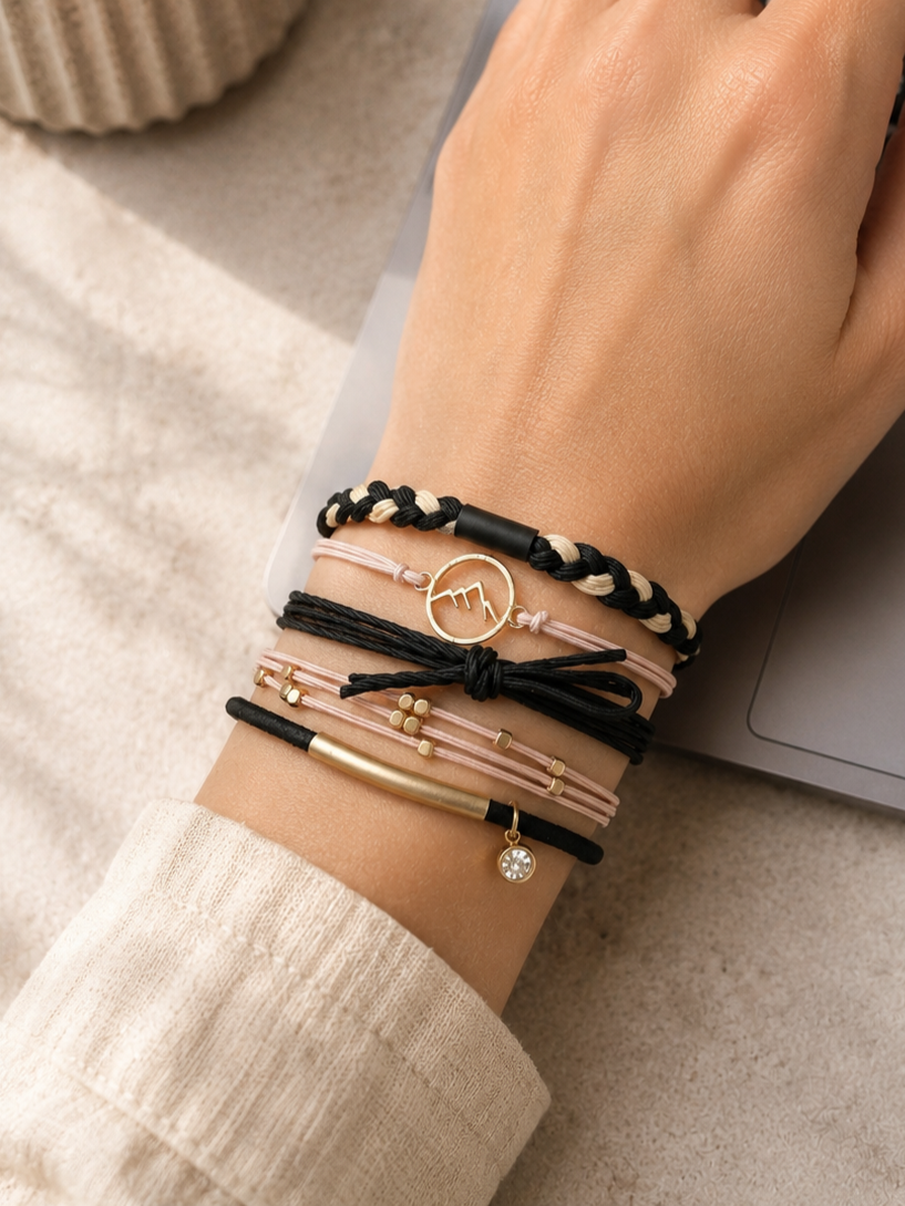 Lot de 5 élastiques à cheveux / Bracelets – Noir, rose et doré