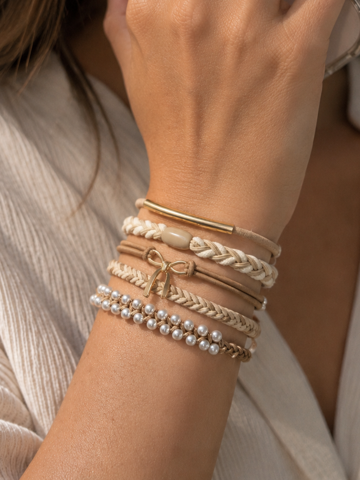 Lot de 5 élastiques à cheveux - Bracelets – Beige, crème, perles et détails dorés