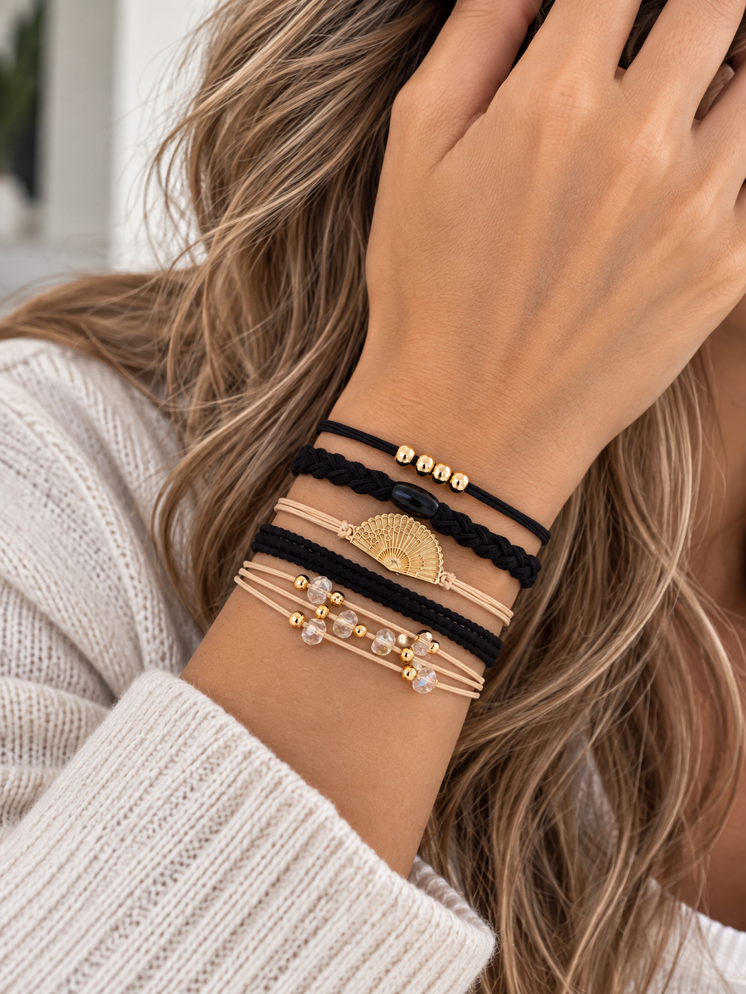 Lot de 5 élastiques à cheveux - Bracelets – noir, beige et doré
