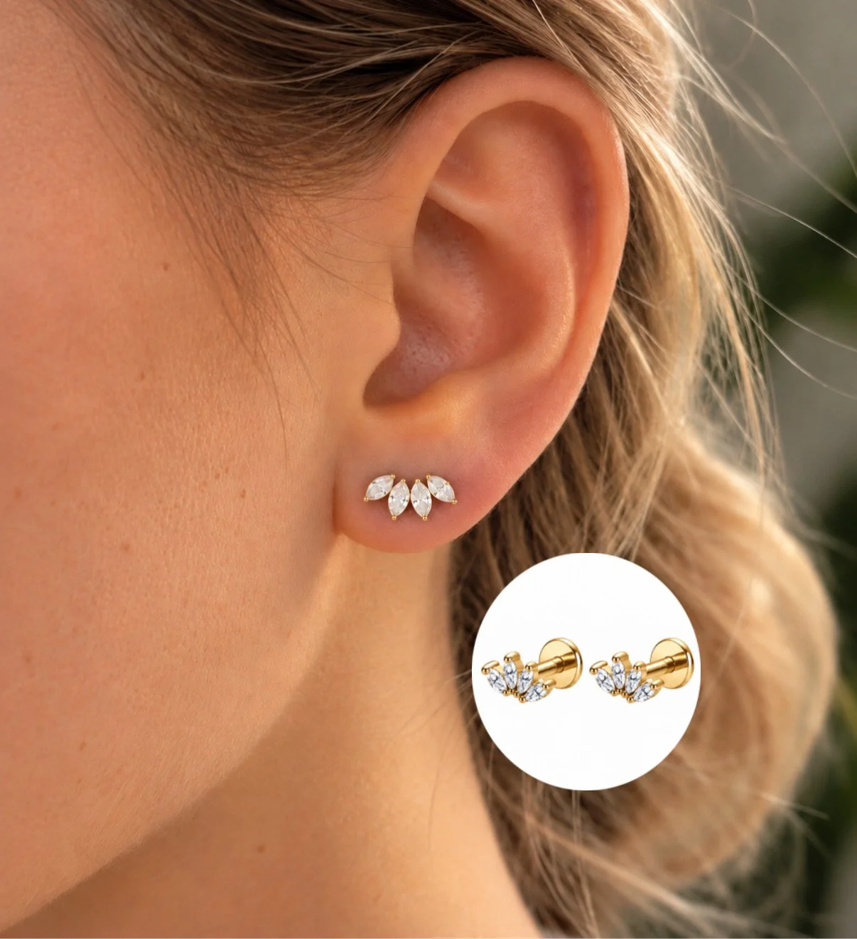 Boucles de piercing Ingrid dorées – insertion par l’arrière, vissées à l’avant